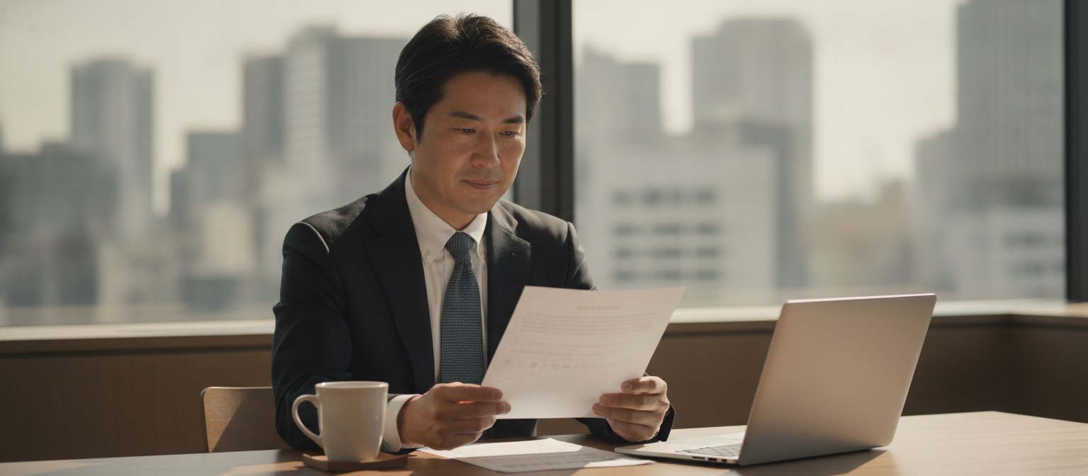 早朝のオフィスで、経営者が1枚にまとまった今日の計画を確認している様子