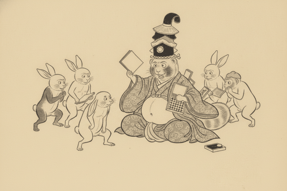 鳥獣戯画ふうに、殿さまの狸が家来の兎に進み具合を問いかけ、兎が答えに困っている様子