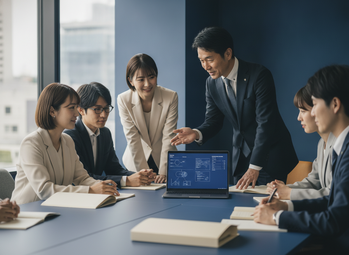 社員が集う勉強会で、ベテランが画面を指しながら若手に教え合う様子
