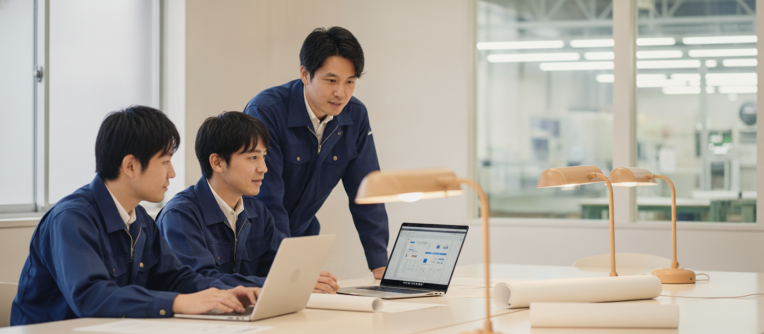 オフィスで社員がチームでPCを囲み、AIの仕事道具を作っている様子