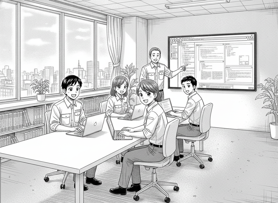研修室でAIと道具を作る3名の社員と講師