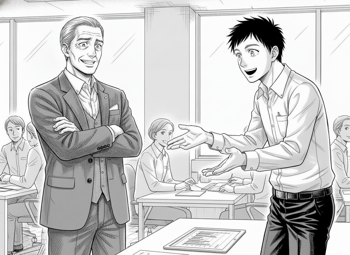 次の提案をする社員と、腕を組んで笑う社長
